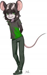 Size: 1141x1821 | Tagged: safe, artist:aogami, oc:billabo, mammal, mouse, murid, rodent, anthro, boy, cub, male, slender, solo boy, solo cub, solo male, young, digital, clothing, fur, green eyes, hair, pants, smiling, solo, tail
