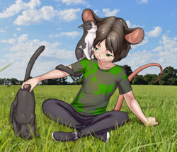 Size: 1382x1186 | Tagged: safe, artist:aogami, oc:billabo, cat, felid, mammal, murid, rodent, anthro, boy, cub, feral, male, solo boy, solo cub, solo male, young, 5 fingers, clothing, cloud, fingers, fur, grass, group, hair, pants, plant, raised tail, shoes, solo, tail, trio
