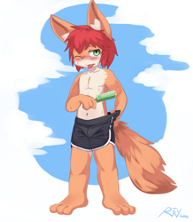 Size: 2000x2296 | Tagged: safe, artist:riunamo, oc:riunamo, canid, fennec, fox, mammal, anthro, boy, cub, male, slender, solo boy, solo cub, solo male, young, blushing, brown fur, clothing, fur, green eyes, hair, holding popsicle, kemono, kemoshota, navel, panting, popsicle, shorts, solo, sweat, tail, tongue out, too hot, topless, waistband pull