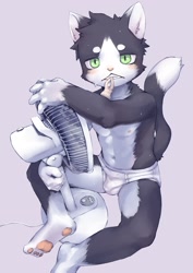 Size: 1061x1500 | Tagged: suggestive, artist:kuroisumi, cat, felid, mammal, tuxedo cat, anthro, boy, cub, male, plantigrade, solo boy, solo cub, solo male, young, 4 toes, black fur, blushing, briefs, bulge, clothing, dipstick tail, electric fan, fur, green eyes, kemono, kemoshota, looking at you, navel, nipples, on ground, pawpads, sitting, solo, sweat, tail, too hot, underwear, white fur