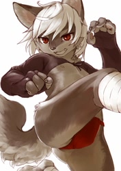 Size: 1060x1500 | Tagged: suggestive, artist:kuroisumi, canid, mammal, anthro, boy, cub, femboy, male, slender, solo boy, solo cub, solo male, young, colored, digital, fully shaded, 4 fingers, action pose, bulge, claws, clenched teeth, clothing, fingerless gloves, fundoshi, fur, hair, kemono, kemoshota, nipples, red eyes, skimpy outfit, solo, teeth