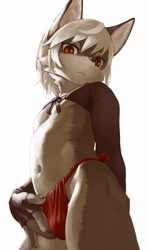 Size: 898x1500 | Tagged: suggestive, artist:kuroisumi, anthro, boy, cub, femboy, male, slender, solo boy, solo cub, solo male, young, colored, digital, fully shaded, 4 fingers, belly, bulge, claws, clothing, fingerless gloves, fundoshi, fur, hair, kemono, kemoshota, navel, nipples, red eyes, skimpy outfit, solo