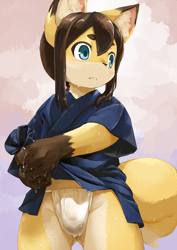 Size: 848x1200 | Tagged: suggestive, artist:kuroisumi, canid, fox, mammal, anthro, boy, cub, male, solo boy, solo cub, solo male, young, colored, digital, bulge, fundoshi, fur, kemono, kemoshota, kimono, solo, tail, wet, wet clothes, wet fur, yellow fur