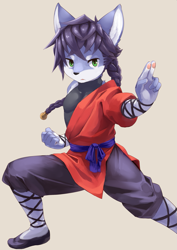 Size: 1063x1500 | Tagged: safe, artist:kuroisumi, ambiguous species, anthro, boy, cub, male, plantigrade, solo boy, solo cub, solo male, young, braided hair, fighting stance, fully clothed, fur, green eyes, kemono, kemoshota, ponytail, purple fur, solo, white fur