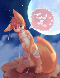Size: 1429x1852 | Tagged: suggestive, artist:riunamo, oc:riunamo, canid, fennec, fox, mammal, anthro, boy, cub, male, solo boy, solo cub, solo male, young, halloween, colored, digital, blushing, embarrassed, fur, green eyes, hair, halloween costume, navel, orange fur, solo, tail, talking to you, wardrobe malfunction, white fur
