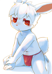 Size: 848x1200 | Tagged: safe, artist:kuroisumi, lagomorph, mammal, rabbit, anthro, boy, cub, male, solo boy, solo cub, solo male, young, digital, albino, blushing, bulge, clothing, fundoshi, fur, hair, kemono, kemoshota, looking at you, navel, solo, tail, topless, white fur