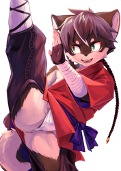 Size: 1060x1500 | Tagged: suggestive, artist:kuroisumi, canid, mammal, anthro, boy, cub, male, solo boy, solo cub, solo male, young, action pose, brown fur, bulge, crotchless clothing, fang, fundoshi, fur, green eyes, kemono, kemoshota, open mouth, solo, standing splits, tail, teeth