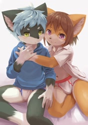 Size: 724x1024 | Tagged: suggestive, artist:kuroisumi, canid, fox, mammal, anthro, anthro/anthro, boy, boys only, cub, cubs only, male, male/male, males only, young, 5 fingers, briefs, brown fur, bulge, clothing, cuddling, detailed bulge, fingers, fur, green eyes, hoodie, kemono, kemoshota, navel, open shirt, purple eyes, underwear, white fur