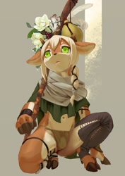 Size: 848x1200 | Tagged: suggestive, artist:kuroisumi, cervid, deer, mammal, anthro, boy, cub, male, solo boy, solo cub, solo male, young, blonde hair, bulge, clothing, cloven hooves, fundoshi, fur, green eyes, hair, kemono, kemoshota, long hair, looking up, navel, ponytail, skimpy outfit, solo, tan fur, tribal, white fur