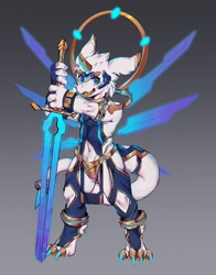 Size: 802x1024 | Tagged: safe, artist:alan, kobold, anthro, boy, cub, male, solo boy, solo cub, solo male, young, blue eyes, clothing, fur, horn, kemono, kemoshota, looking at you, navel, open mouth, sci-fi, skimpy outfit, solo, sword, toe claws, weapon