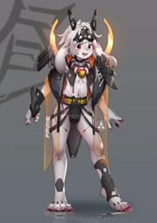 Size: 2480x3508 | Tagged: safe, artist:alan, android, lagomorph, mammal, rabbit, anthro, boy, cub, male, plantigrade, solo boy, solo male, young, 4 fingers, clothing, floppy ears, fur, kemono, kemoshota, navel, sci-fi, skimpy outfit, solo, white fur