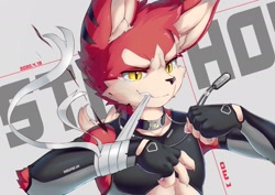 Size: 2048x1448 | Tagged: safe, artist:alan, oc:alan, canid, mammal, wolf, anthro, boy, male, slender, solo boy, solo male, teen, twink, young, 2020, amber eyes, bust portrait, collar, fingerless gloves, fur, kemono, looking at you, red fur, sci-fi, solo