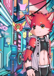 Size: 2480x3508 | Tagged: safe, artist:alan, oc:alan, canid, mammal, wolf, anthro, boy, male, slender, solo boy, solo male, solo teen, teen, twink, young, 2019, amber eyes, bulge, clothing, fur, kemono, looking at you, navel, skimpy outfit, smiling, smiling at you, solo