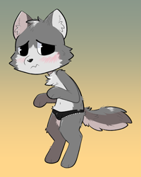 Size: 1573x1966 | Tagged: suggestive, artist:catboyjail, canid, mammal, wolf, anthro, boy, cub, male, solo boy, solo cub, solo male, young, cel shaded, colored, digital, blushing, clothing, fur, panties, solo, underwear