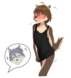 Size: 1704x1854 | Tagged: safe, artist:susabi, kouya aotsuki, shun kodori, canid, dog, husky, mammal, siberian husky, wolf, anthro, boy, boys only, cub, femboy, male, males only, slender, teen, twink, young, morenatsu, digital, brown fur, duo, embarrassed, fur, solo focus, sweat
