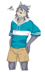 Size: 1054x1679 | Tagged: safe, artist:susabi, kouya aotsuki, canid, dog, husky, mammal, siberian husky, anthro, boy, male, slender, solo boy, solo male, solo teen, teen, young, morenatsu, digital, blushing, clothing, fur, green eyes, hoodie, kemono, shorts, solo, sweat