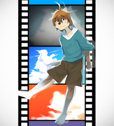 Size: 2000x2200 | Tagged: safe, artist:susabi, shun kodori, canid, mammal, wolf, anthro, male, plantigrade, solo male, solo teen, teen, young, morenatsu, brown fur, clothing, fur, hoodie, looking at you, shorts, solo