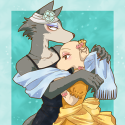 Size: 750x750 | Tagged: safe, artist:walnut, canid, dog, labrador, mammal, wolf, anthro, anthro/anthro, boy, boys only, femboy, male, males only, young, clothing, crossdressing, duo, fur, looking at you, makeup, scarf, shipping