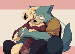 Size: 2600x1896 | Tagged: safe, artist:merunmohu, canid, dog, labrador, mammal, wolf, anthro, anthro/anthro, boy, boys only, male, male/male, males only, young, blushing, cheek tuft, clothing, duo, embrace, fully clothed, fur, gray fur, hug, hugging from behind, kemono, one eye closed, open mouth, pants, sharp teeth, shipping, sitting, smiling, tail, tan fur, teeth, wagging tail
