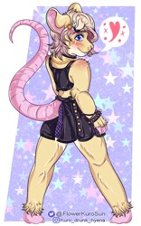 Size: 801x1280 | Tagged: safe, artist:flower kuro sun, oc:timothy field mouse, mammal, mouse, rodent, anthro, boy, cub, male, solo boy, solo cub, solo male, young, cel shaded, digital, 2022, blue eyes, blushing, clothing, crossdressing, fur, goth, looking at you, looking back, looking back at you, looking over shoulder, skirt, solo