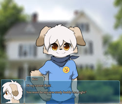Size: 1050x900 | Tagged: safe, artist:whiteleo, oc:ruu husky, canid, dog, husky, mammal, siberian husky, anthro, boy, cub, male, solo boy, solo cub, solo male, young, series:dating sim ych, colored, digital, fully shaded, photo background, 2015, amber eyes, dialogue, english text, fur, game ui, solo, visual novel interface