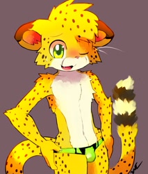 Size: 1088x1280 | Tagged: suggestive, artist:whiteleo, oc:salmy, big cat, cheetah, felid, mammal, anthro, boy, cub, male, slender, solo boy, solo cub, solo male, young, blushing, bulge, claws, clothing, fur, green eyes, looking at you, navel, solo, speedo, swimsuit, tail, topless, winking, yellow fur