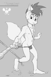 Size: 800x1200 | Tagged: suggestive, artist:diman, oc:tweaker, canid, fox, mammal, anthro, boy, cub, male, plantigrade, solo boy, solo cub, solo male, young, lines, monochrome, 2013, accidental exposure, bulge, claws, clothing, feet, fur, jewelry, necklace, nipples, nudity, precum, solo, tangled, thong, underwear, waistband pull
