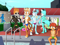 Size: 1500x1125 | Tagged: suggestive, artist:diman, oc:dyson, oc:miguel, oc:ryan prower, oc:talin (liomynx), oc:tweaker, big cat, canid, felid, fox, lizard, mammal, reptile, tiger, anthro, boy, male, males only, plantigrade, young, cel shaded, colored, digital, bulge, clothing, fur, goggles, goggles on head, group, nipples, speedo, swimming pool, swimsuit, topless