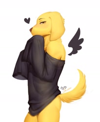 Size: 1615x1984 | Tagged: safe, artist:jason xiaojie, canid, dog, labrador, mammal, anthro, boy, male, slender, solo boy, solo male, solo teen, teen, twink, young, blushing, bottomless, butt, clothing, fur, heart, looking at you, see-through, solo, text, yellow fur