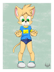 Size: 1125x1500 | Tagged: suggestive, artist:diman, oc:sammy stowes, cat, felid, feline, mammal, anthro, boy, cub, male, plantigrade, solo boy, solo cub, solo male, young, alternate version, cel shaded, colored, digital, 2014, briefs, bulge, clothing, embarrassed, erection, erection under clothing, fingers, fur, green eyes, shoes, sneakers, solo, underwear, yellow fur
