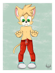 Size: 1125x1500 | Tagged: suggestive, artist:diman, oc:sammy stowes, cat, felid, feline, mammal, anthro, boy, cub, male, plantigrade, solo boy, solo cub, solo male, young, cel shaded, colored, digital, 2014, bulge, clothing, embarrassed, erection, erection under clothing, fingers, fur, green eyes, nipples, shoes, sneakers, solo, sweatpants, topless, yellow fur
