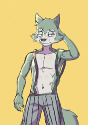 Size: 2480x3508 | Tagged: safe, artist:sharparadise, legoshi, canid, grey wolf, mammal, wolf, anthro, athletic, boy, cub, male, muscular, slender, solo boy, solo cub, solo male, solo teen, teen, twink, young, beastars, clothing, fur, nipples, pecs, scar, solo, suspenders, topless