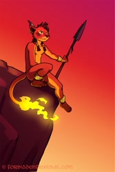 Size: 1067x1600 | Tagged: safe, artist:forbidden fruitbat, red xiii, big cat, canid, felid, lion, mammal, anthro, boy, cub, male, solo boy, solo cub, solo male, young, final fantasy, fur, nudity, solo, spear, tribal