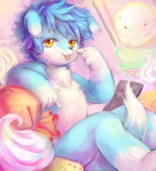 Size: 999x1099 | Tagged: safe, artist:chinta, canid, dog, mammal, anthro, boy, cub, male, solo boy, solo cub, solo male, young, digital, 5 fingers, bedroom eyes, blue fur, blue hair, dipstick tail, fingers, fur, hair, kemono, kemoshota, looking at you, nipples, nudity, solo, tail, white fur