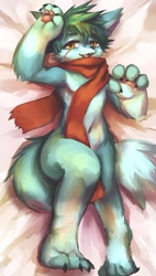Size: 923x1629 | Tagged: safe, artist:chinta, canid, fox, mammal, anthro, boy, chibi, cub, male, solo boy, solo cub, solo male, young, digital, amber eyes, fur, green fur, kemono, kemoshota, looking at you, lying, on back, pawpads, scarf, smiling, smiling at you, solo