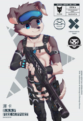 Size: 2480x3600 | Tagged: safe, artist:alan, oc:zeka (alan), canid, dog, mammal, anthro, boy, cub, male, slender, solo boy, solo cub, solo male, solo teen, teen, twink, young, agent, armor, blue eyes, brown fur, clothing, fur, goggles, goggles on head, gun, kemono, kemoshota, knife, nipples, nudity, sci-fi, silencer, skimpy outfit, solo, tactical gear, text, weapon, white fur