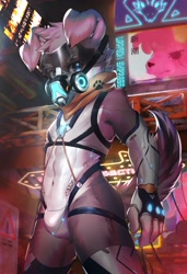 Size: 2600x3800 | Tagged: safe, artist:alan, oc:zeka (alan), canid, dog, mammal, anthro, athletic, boy, cub, male, muscular, solo boy, solo cub, solo male, solo teen, teen, young, armor, billboard, blue eyes, bulge, city, cityscape, clothing, fingers, floppy ears, fur, gas mask, gray fur, hair, harness, kemono, kemoshota, kerchief, looking at you, mask, neckerchief, neon, nighttime, pawprint, scarf, sign, solo, standing, text, thigh highs