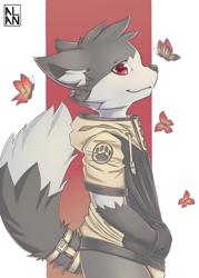 Size: 1000x1400 | Tagged: safe, artist:alan, arthropod, butterfly, canid, insect, lepidopteran, mammal, wolf, anthro, boy, cub, male, solo boy, solo cub, solo male, young, briefs, clothing, fur, gray fur, group, hoodie, kemono, kemoshota, looking at you, red eyes, solo, solo focus, tail, underwear, white fur