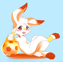 Size: 1588x1568 | Tagged: safe, artist:ancesra, generation 8 pokemon, scorbunny, ambiguous gender, anthro, boy, chibi, cub, male, solo boy, solo cub, solo male, young, cel shaded, colored, digital, big ears, blushing, fur, looking at you, nudity, red eyes, soccer ball, solo, tail, white fur
