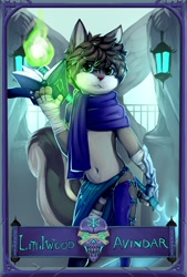 Size: 2028x3000 | Tagged: safe, artist:bastion shadowpaw, oc:littilwood avindar, mammal, rodent, squirrel, anthro, boy, cub, male, slender, solo boy, solo cub, solo male, young, badge, brown fur, clothing, fur, green eyes, looking at you, magic, navel, necromancer, scythe, skimpy outfit, solo