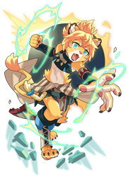 Size: 1080x1493 | Tagged: safe, official art, teo, big cat, felid, feline, lion, mammal, anthro, boy, cub, male, solo boy, solo cub, solo male, young, world flipper, 4 toes, 5 fingers, anger, blue eyes, fang, fingers, fur, hair, navel, orange hair, pawpads, solo, tail, teeth, toe claws, transparent background, white fur, yellow fur