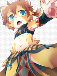 Size: 900x1200 | Tagged: safe, artist:ko-gami, teo, big cat, felid, feline, lion, mammal, anthro, boy, cub, femboy, male, solo boy, solo cub, solo male, young, world flipper, blue eyes, blushing, butt, clothing, crop top, fang, fur, hair, kemono, navel, open mouth, pawpads, solo, teeth, tribal, whiskers