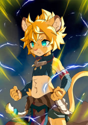 Size: 2894x4093 | Tagged: safe, artist:konazarame, teo, big cat, felid, feline, lion, mammal, anthro, boy, cub, male, solo boy, solo cub, solo male, young, world flipper, 5 fingers, blue eyes, clothing, energy, fingers, fur, kemono, kemoshota, powering up, scratches, solo