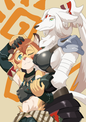 Size: 2894x4093 | Tagged: safe, artist:karakusa.p, helga, teo, big cat, borzoi, canid, dog, felid, feline, lion, mammal, adult, anthro, anthro/anthro, boy, cub, female, male, woman, young, world flipper, 5 fingers, age difference, armor, blushing, breasts, clothing, duo, embrace, fingers, fur, hair, hug, hugging from behind, looking down, one eye closed, whiskers