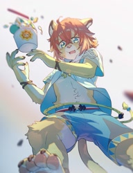 Size: 1533x2000 | Tagged: safe, artist:enmapsycho, teo, big cat, felid, feline, lion, mammal, anthro, boy, cub, male, slender, solo boy, solo cub, solo male, young, world flipper, 4 toes, 5 fingers, blue eyes, claws, clothing, dessert, feet, fingers, food, fur, hair, ice cream, looking at you, looking down, looking down at you, low-angle view, pawpads, paws, shorts, solo, toe claws, toes, white fur, yellow fur