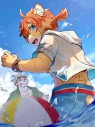 Size: 1536x2048 | Tagged: safe, artist:ponzu_tas, nimbus, teo, big cat, felid, feline, lion, mammal, tiger, adult, anthro, boy, cub, cub focus, male, males only, man, young, world flipper, 5 fingers, blue eyes, duo, fingers, fur, hair, kemono, kemoshota, looking back, sky, solo focus, stripes, summer, tail, tan fur, water, white fur