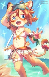 Size: 1292x2048 | Tagged: safe, artist:piporinton, teo, big cat, felid, feline, lion, mammal, anthro, boy, cub, male, solo boy, solo cub, solo male, young, world flipper, beach, beach bag, bikini, bikini bottom, bikini top, blue eyes, blushing, bracelet, clothing, cosplay, crossdressing, emanata, embarrassed, fur, goggles, goggles on head, hair, jewelry, kemono, kemoshota, open mouth, pawpads, paws, seaside, sky, solo, swimwear, water