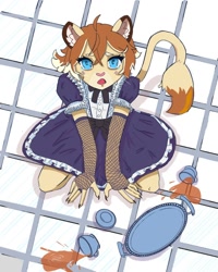 Size: 1080x1350 | Tagged: safe, artist:deebeeooo, teo, cat, felid, feline, lion, mammal, anthro, boy, cub, male, solo boy, solo cub, solo male, young, world flipper, digital, clothing, clumsy, crossdressing, embarrassed, fingerless gloves, kemono, kemoshota, maid outfit, solo, uniform
