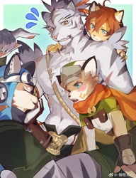 Size: 2300x3000 | Tagged: safe, artist:axianorange, lou (world flipper), nimbus, sven, big cat, canid, dog, felid, lion, mammal, mouse, murid, rodent, shiba inu, tiger, adult, adult/cub, adult/teen, adult/young, anthro, anthro/anthro, athletic, boy, cub, male, male/male, males only, man, man/boy, teen, world flipper, age difference, blue eyes, clothing, eyes closed, fur, gloves, gray fur, group, hair, striped fur, stripes, tan fur, white fur, yellow eyes