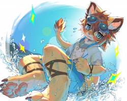 Size: 2048x1638 | Tagged: safe, artist:angrygentoo1, teo, big cat, felid, feline, lion, mammal, anthro, boy, male, slender, solo boy, solo male, solo teen, teen, twink, young, world flipper, blushing, claws, clothing, fur, hair, looking at you, looking down, pawpads, sea, shy, sitting, solo, tail, water, white fur, yellow fur